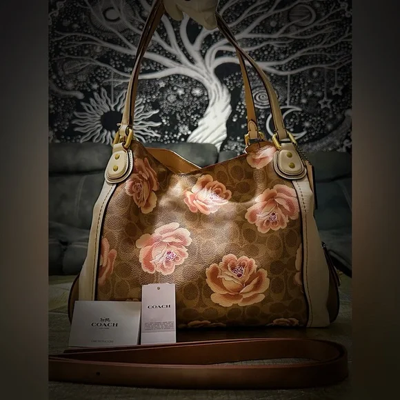 Vintage Y2K Coach Brown and Cream Floral Shoulder Bag, have other new handle - Picture 5 of 17